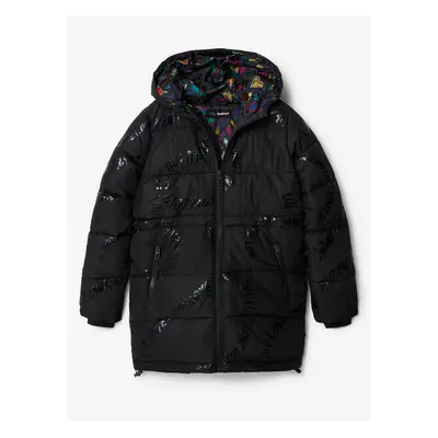 Black Girly Winter Quilted Coat Desigual Letters - Girls