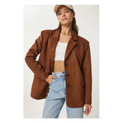 Happiness İstanbul Women's Brown Premium Suede Blazer Jacket