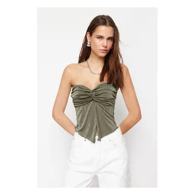 Trendyol Khaki Premium Buzzy Heart Neck Gathered Crop Knit Blouse