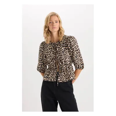 DEFACTO Fitted Round Neck Leopard Print Tie Front Poplin Long Sleeve Blouse