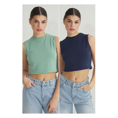 Trendyol Navy Blue-Green 2-Pack Sleeveless Crop Cotton Stretch Knit Tank Top