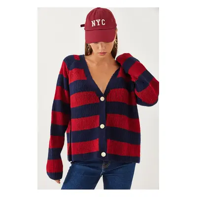 Bianco Lucci Women's Striped Three-Button Knitted Cardigan