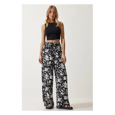 Happiness İstanbul Women's White Black Patterned Flowy Viscose Palazzo Trousers