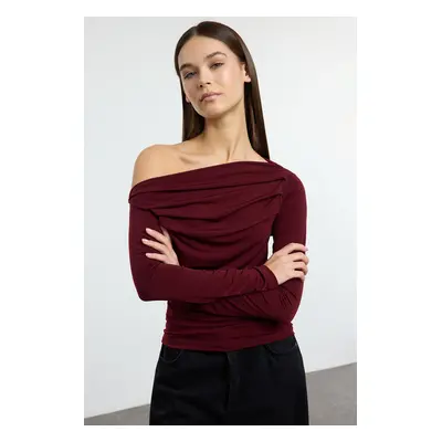 Trendyol Burgundy Gathered/Drape Detailed Fitted/Body-Smoothing Long Sleeve Flexible Knitted Blo