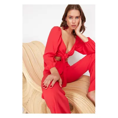 Trendyol Red Woven Tie-Down Blouse and Trousers Set