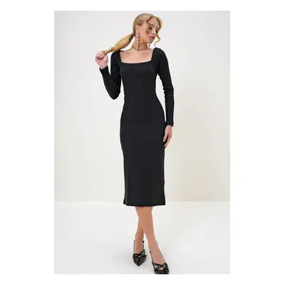 Trend Alaçatı Stili Women's Black Square Neck Long Sleeve Midi Length Interlock Fabric Dress