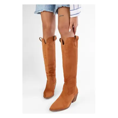 Shoeberry Women's Rebel Tan Suede Cowboy Boots