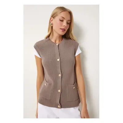 Happiness İstanbul Women's Mink Stylish Buttoned Pocket Knitwear Vest