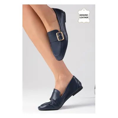 Mio Gusto Martina Genuine Leather Navy Blue Color Flat Toe Women's Loafer Shoes