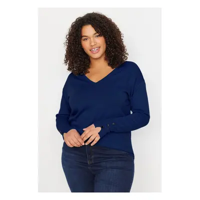 Trendyol Curve Navy Blue V Neck Button Detailed Knitwear Sweater