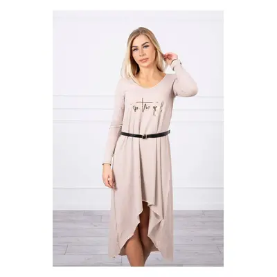 Dress with decorative belt and inscription beige