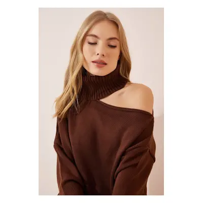 Happiness İstanbul Women's Brown Cot Out Detailed Turtleneck Knitwear Sweater