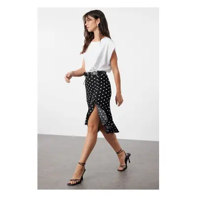 Trendyol Black Polka Dot Ruffle Slit Flexible Midi Knitted Skirt