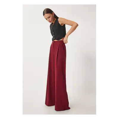 Happiness İstanbul Women's Burgundy Pocketed Woven Palazzo Trousers