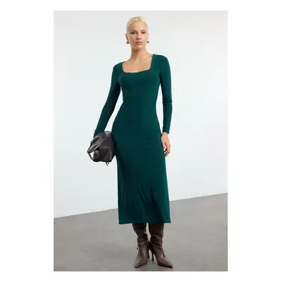 Trendyol Emerald Green Maxi Flounce Square Neck Fitted Maxi Stretch Knitted Dress