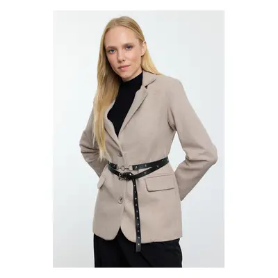 Trendyol Cream Cashmere Belted Woven Blazer Jacket