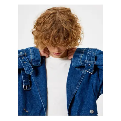 Koton Oversize Denim Jacket Double Breasted Collar Belt Detail Buttoned