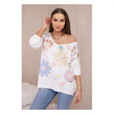 Sweater blouse with colorful flowers yellow+blue