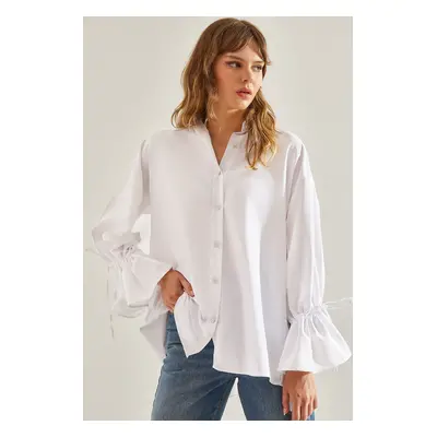 Bianco Lucci Women's Pleated Back Detailed Stone Buttoned Sleeve Gathered Shirt