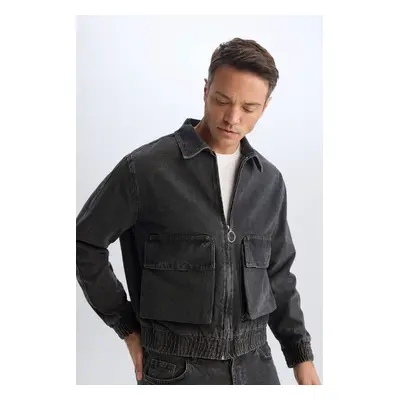 DEFACTO Relax Fit Polo Collar Zippered Pocket Washed Jean Jacket