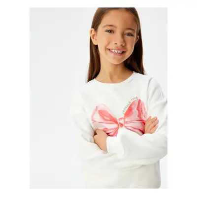 Koton Sweat Bow Printed Crew Neck Long Sleeve Raised