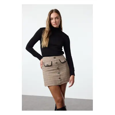 Trendyol Camel Tweed Fabric, Pocket and Button Detailed Plaid Patterned Mini Woven Skirt