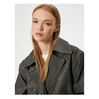 Koton Long Trench Coat Leather Look Belted Button Detailed Pocket