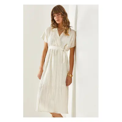 Bianco Lucci Women's Double Breasted Collar Belted Lined Linen Dress with Elastic Waist