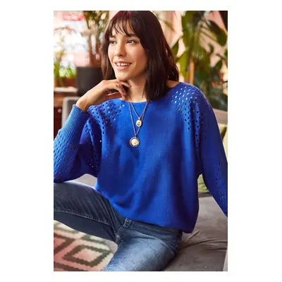 Olalook Women's Saxe Blue Openwork Bat Oversize Knitwear Sweater