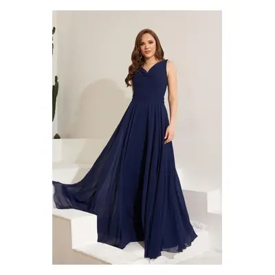 Carmen Navy Blue Chiffon Collar Long Evening Dress And Invitation Dress