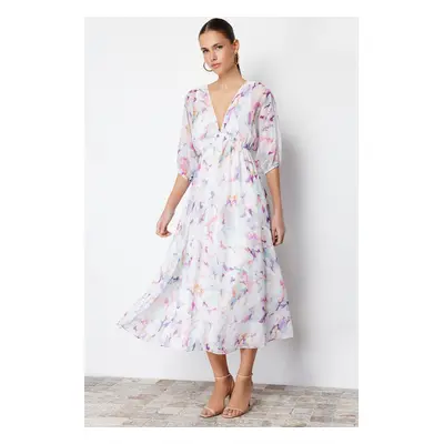 Trendyol Ecru Abstract Pattern A-Line Chiffon Lined Maxi Woven Dress