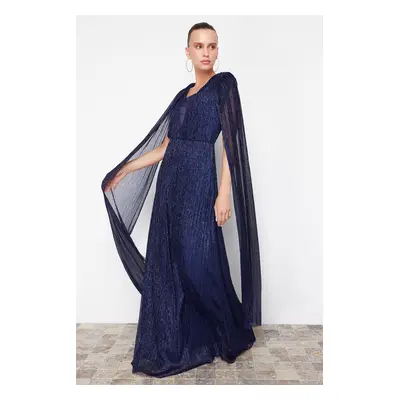 Trendyol Saks A-Cut Sleeve Detailed Knitted Long Evening Dress & Graduation Dress