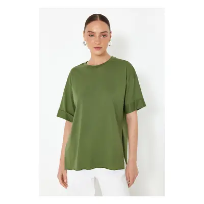 Trendyol Khaki 100% Cotton Double Sleeve Asymmetrical Boyfriend Knitted T-Shirt