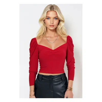 Trend Alaçatı Stili Women's Red Kiss Collar Princess Sleeve Soft Textured Crop Pattern Blouse