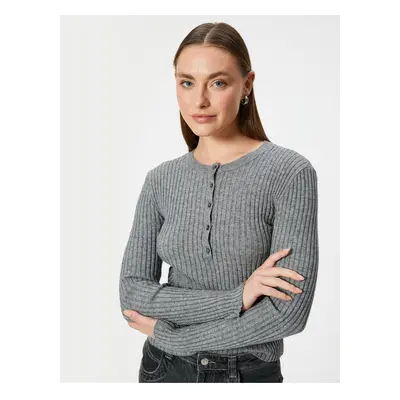 Koton Half Button Detail Crew Neck Long Sleeve Knitwear Sweater