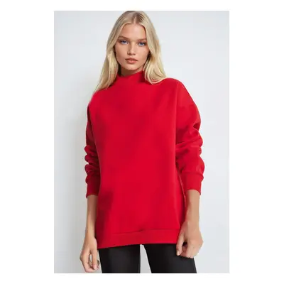 Trend Alaçatı Stili Women's Red Half Turtleneck Sweatshirt with Underwire