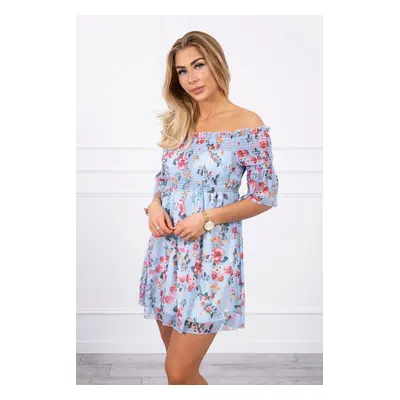 Shoulder dress with azure floral pattern