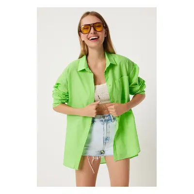 Happiness İstanbul Women's Vivid Green Single Pocket Summer Oversize Voile Shirt