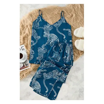 Trendyol Curve Navy Blue Tiger Patterned Rope Strap Viscose Woven Pajama Set