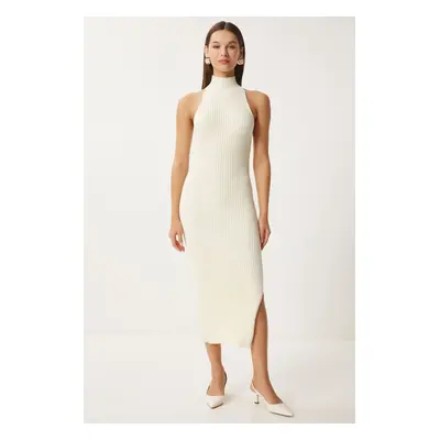 Happiness İstanbul Women's Bone Off-Shoulder Wrapped Ribbed Knit Dress