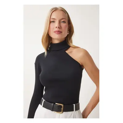 Happiness İstanbul Women's Black Open Shoulder Ribbed Knitted Blouse