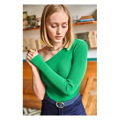 Olalook Women's Grass Green One-Shoulder Waist Top Crop Knitwear Blouse