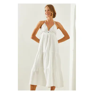 Bianco Lucci Women's Lined Beaded Detail Alaçatı Linen Dress