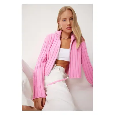 Happiness İstanbul Women's Pink Zipper Stand Collar Knitwear Cardigan