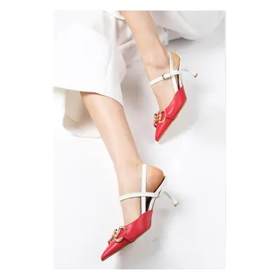 Mio Gusto Felicity Red Women's Heeled Shoes with Buckle Accessory and Open Back with Buckle in t