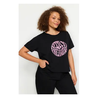 Trendyol Curve Black Regular Slogan Printed Crop Length 100% Cotton Knitted Plus Size T-shirt