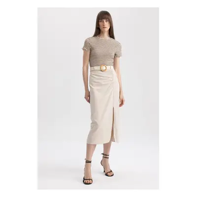 DEFACTO Straight Fit Normal Waist Slit Linen Blend Midi Skirt