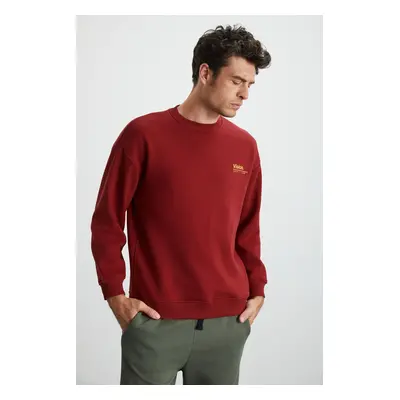 GRIMELANGE Ernest Men's Soft Inside Fleece Print Detailed Organic Cotton Oversize Claret Red Swe