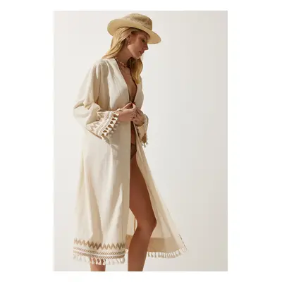 Happiness İstanbul Women's Cream Tassel Guipure Detail Long Linen Kimono