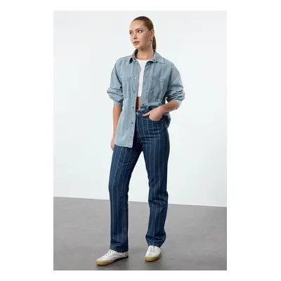 Trendyol Blue Striped High Waist Straight Jeans